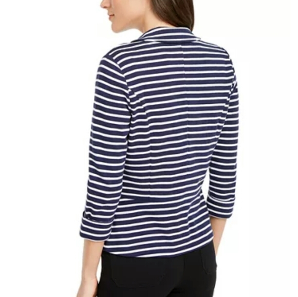 Maison Jules Navy and White Knit Striped Open Front Blazer with pockets. - Picture 5 of 5